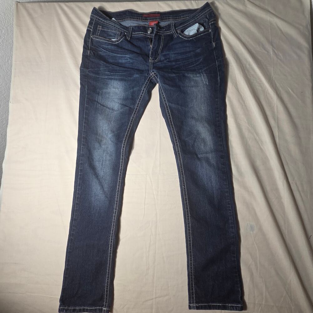 Y2K Red Rivet Thick Stitch Embellished Jeans Dark Wash Faded McBling Denim 17